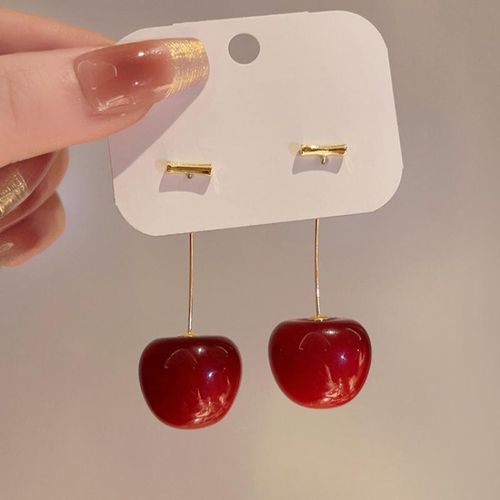 Cute Red Cherry Dangle Earrings - Gold Tone Brass Alloy Long Drop Earrings for Women Vintage Elegant Fashion Jewelry