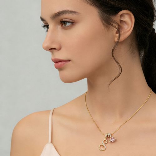 Gold Plated Initial Letter Necklace for Women, Cubic Zirconia Pink Crystal Pendant, Dainty Layerable Alphabet Jewelry Giftv