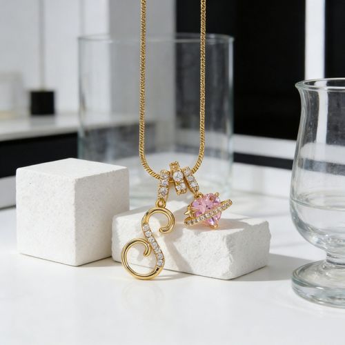 Gold Plated Initial Letter Necklace for Women, Cubic Zirconia Pink Crystal Pendant, Dainty Layerable Alphabet Jewelry Giftv