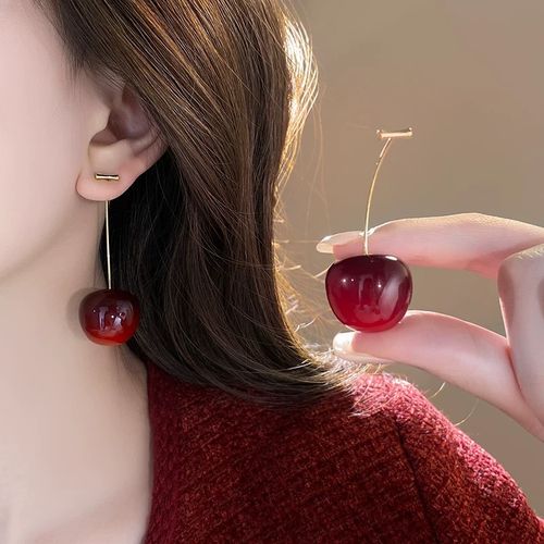 High-End Cherry Earrings for Women - Long Dangle Acrylic Cherry Drops, Cute Fruit Ear Jewelry with Girly Charm