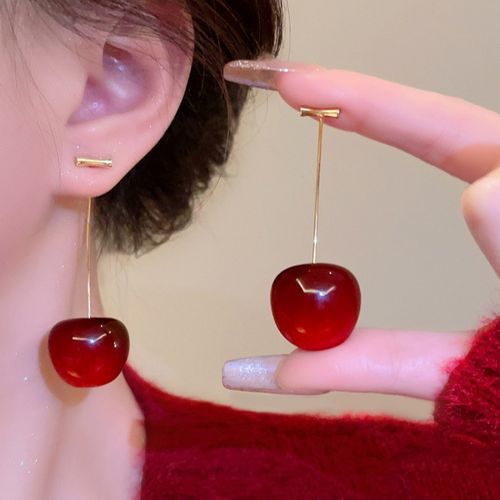 Cute Red Cherry Dangle Earrings - Gold Tone Brass Alloy Long Drop Earrings for Women Vintage Elegant Fashion Jewelry