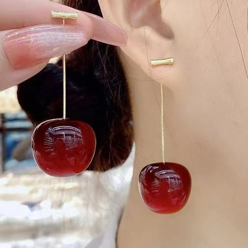 High-End Cherry Earrings for Women - Long Dangle Acrylic Cherry Drops, Cute Fruit Ear Jewelry with Girly Charm