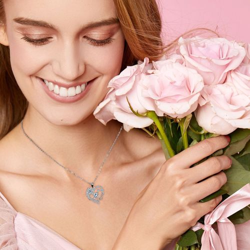 Silver Mom Necklace Heart and Rose Design with Zircon Stones Ideal Mothers Day Gift