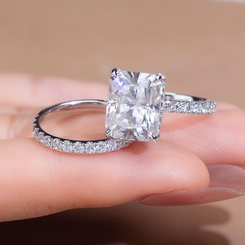Princess Cut Diamond Engagement Ring Set with Pave Band Bridal Stackable Style