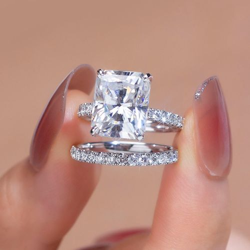 Princess Cut Diamond Engagement Ring Set with Pave Band Bridal Stackable Style