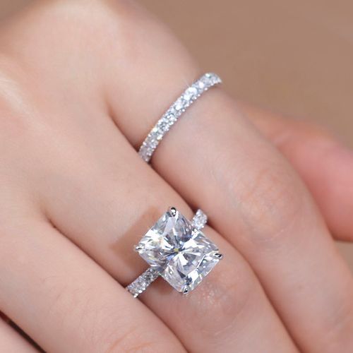 Princess Cut Diamond Engagement Ring Set with Pave Band Bridal Stackable Style