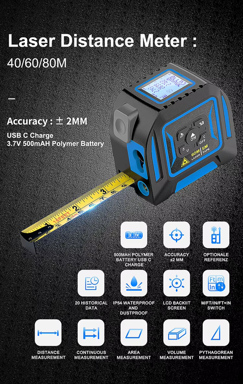 5M Tape + 60M Laser Digital Measuring Tape – Multi-Function Precision Measuring Tool with LCD Display & Cross Laser Emitter 100 sales