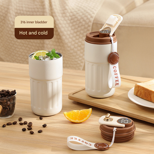 Smart temperature display insulated coffee cup | 316 stainless steel stylish thermos | Portable car travel cup | Perfect gift for coffee lovers, foggy white coffee color（delivery in 3 days）