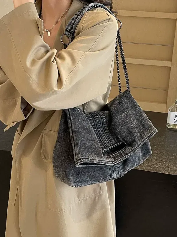New Women's Denim Tote Bag | Stylish Large Capacity Chain Shoulder Bag | High-End Fashion for School & Commuting