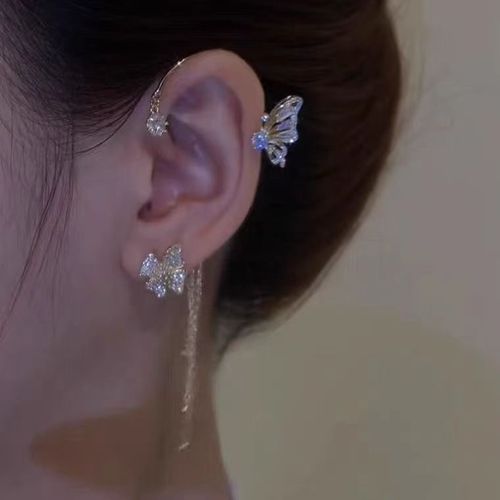 New Minimalist Fashion Sparkling Rhinestone Butterfly Flower Non-Piercing Tassel Ear Cuffs Set of 2 for Women