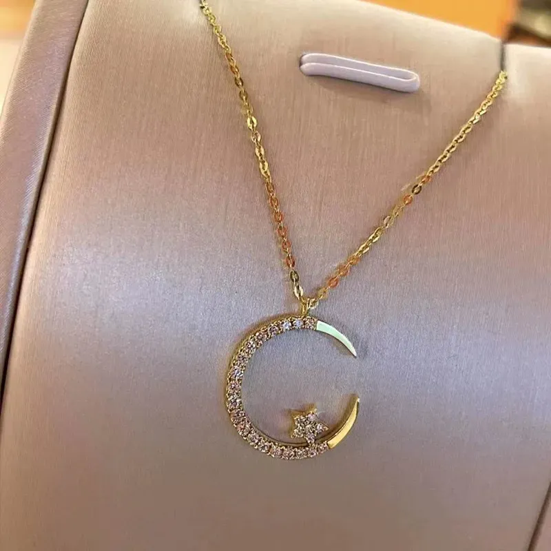 Elegant Star & Moon Pendant Necklace for Women - Dazzling Delicate Collarbone Chain, Unique Minimalist Design, Luxury Jewelry Gift for Girlfriend, Sparkling Statement Necklaces delivery in 3 days