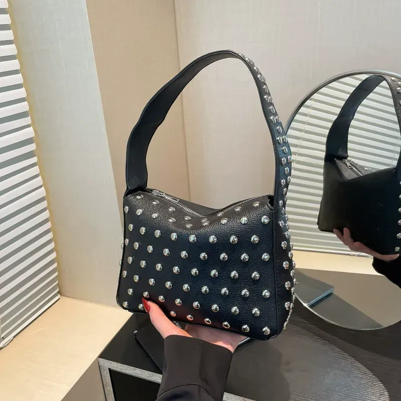 Women's Punk Inspired Studded Decor Handbag, Y2k Portable Tote Shoulder Bags, High-quality Daily Elegant Commuter Bag Purse, Trendy Shoulder Bags, Elegant Bags, Ladies Casual Trendy Purses