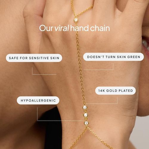 14K Gold Plated Hand Chains Bracelet for Women | Dainty Cubic Zirconia Bracelet and Ring Chain Body Jewelry
