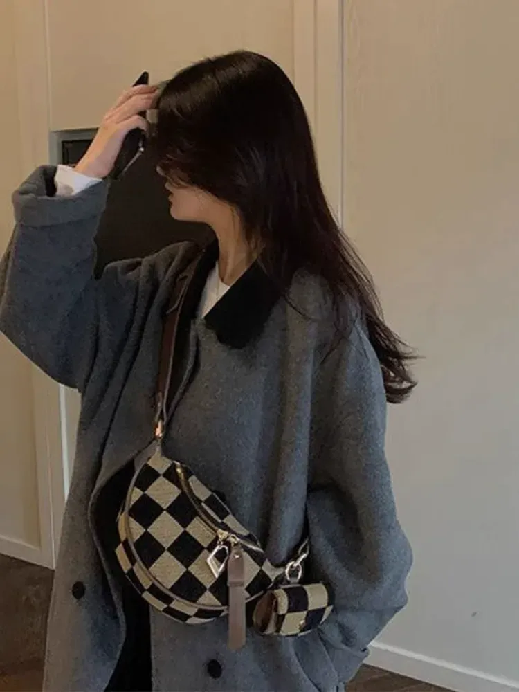 Women's Checked Pattern Fanny Pack, with Headphone Bag, Fashionable PU Leather Zipper Bum Bag for Daily Used, Casual Trendy Versatile High-quality Daily Commuting Bag