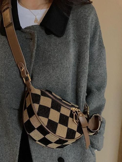 Women's Checked Pattern Fanny Pack, with Headphone Bag, Fashionable PU Leather Zipper Bum Bag for Daily Used, Casual Trendy Versatile High-quality Daily Commuting Bag