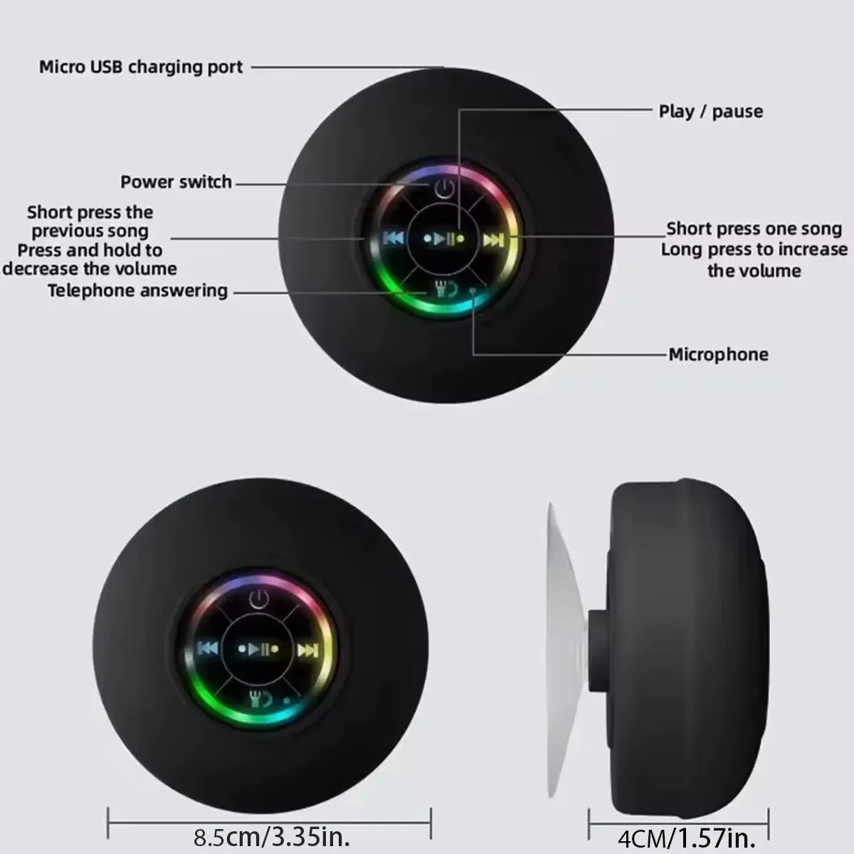 Hot Sale BTS07 Waterproof Bluetooth Speaker | Large Suction Cup with LED Colorful Lights | Bass Stereo Portable Shower Speaker | Perfect Gift with RGB Light Show
