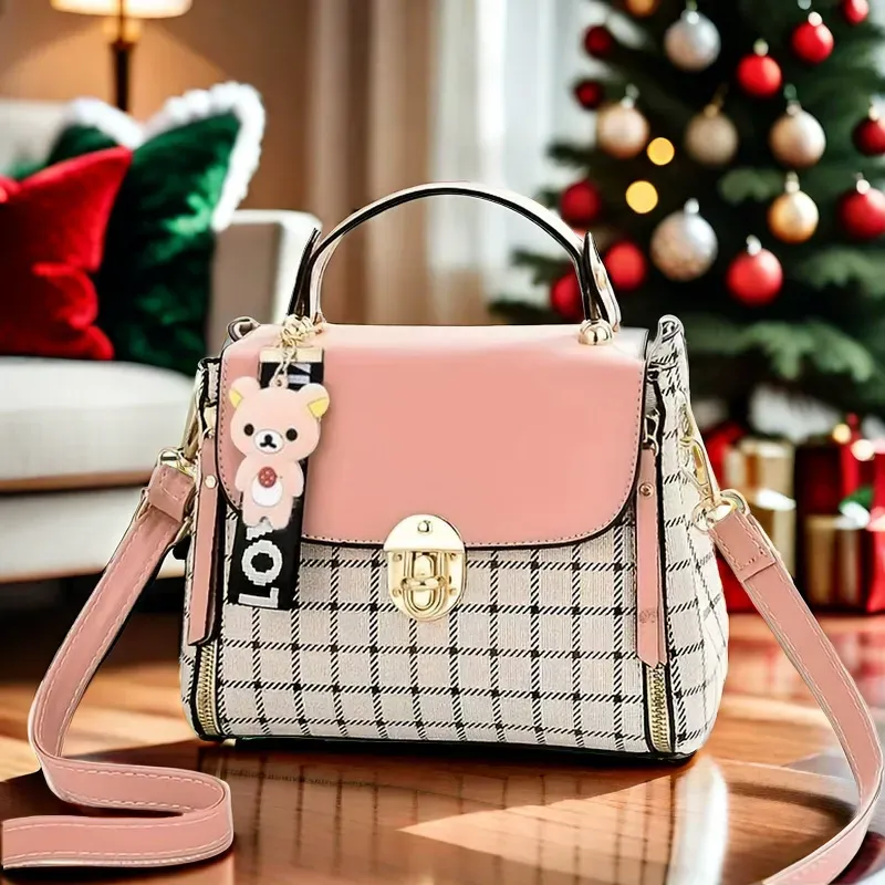 Plaid Pattern Handbag, Women's Buckle Decor Flap Purse, Fashion PU Leather Crossbody Bag Gift Elegant Accessory Style