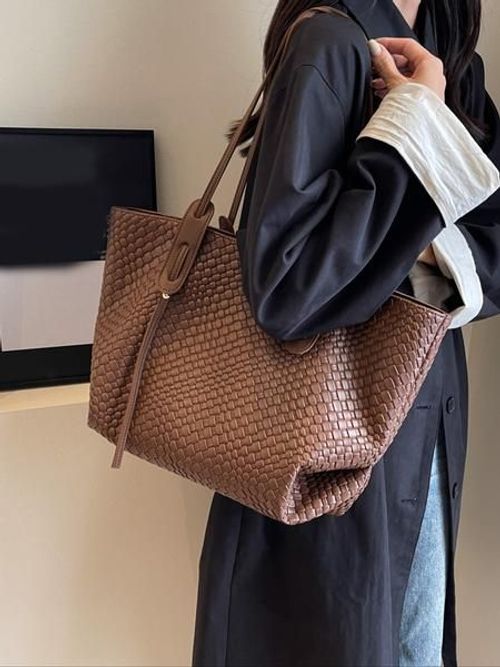 Women's Solid Color Braid Design Tote Bag, 25 fall&winter Fashionable Large Capacity Shoulder Bag for Daily Life, Casual Trendy Versatile High-quality Daily Commuting Bag