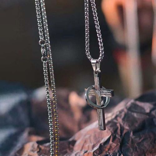Black and white scripture ring cross necklace versatile titanium steel personality pendant accessories gift versatile fashion personality creative design Men's Stainless
