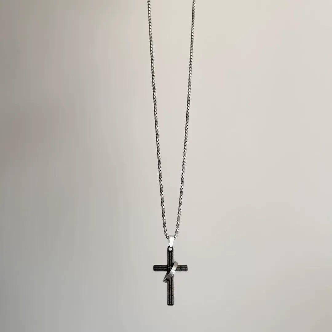 Black and white scripture ring cross necklace versatile titanium steel personality pendant accessories gift versatile fashion personality creative design Men's Stainless