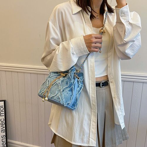 Women's Elegant Faux Pearl Decorated Crossbody Bag, Exquisite Trendy Metal Drawstring Crossbody Bag, Fashionable Bag for Daily Use