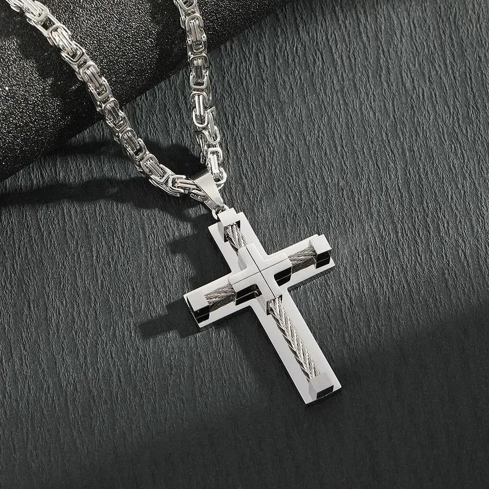 Stainless Steel Large Cross Chain Byzantine Necklace for Men 24 Inch Adjustable Length Daily Jewelry Gifts Silver Cross Pendant