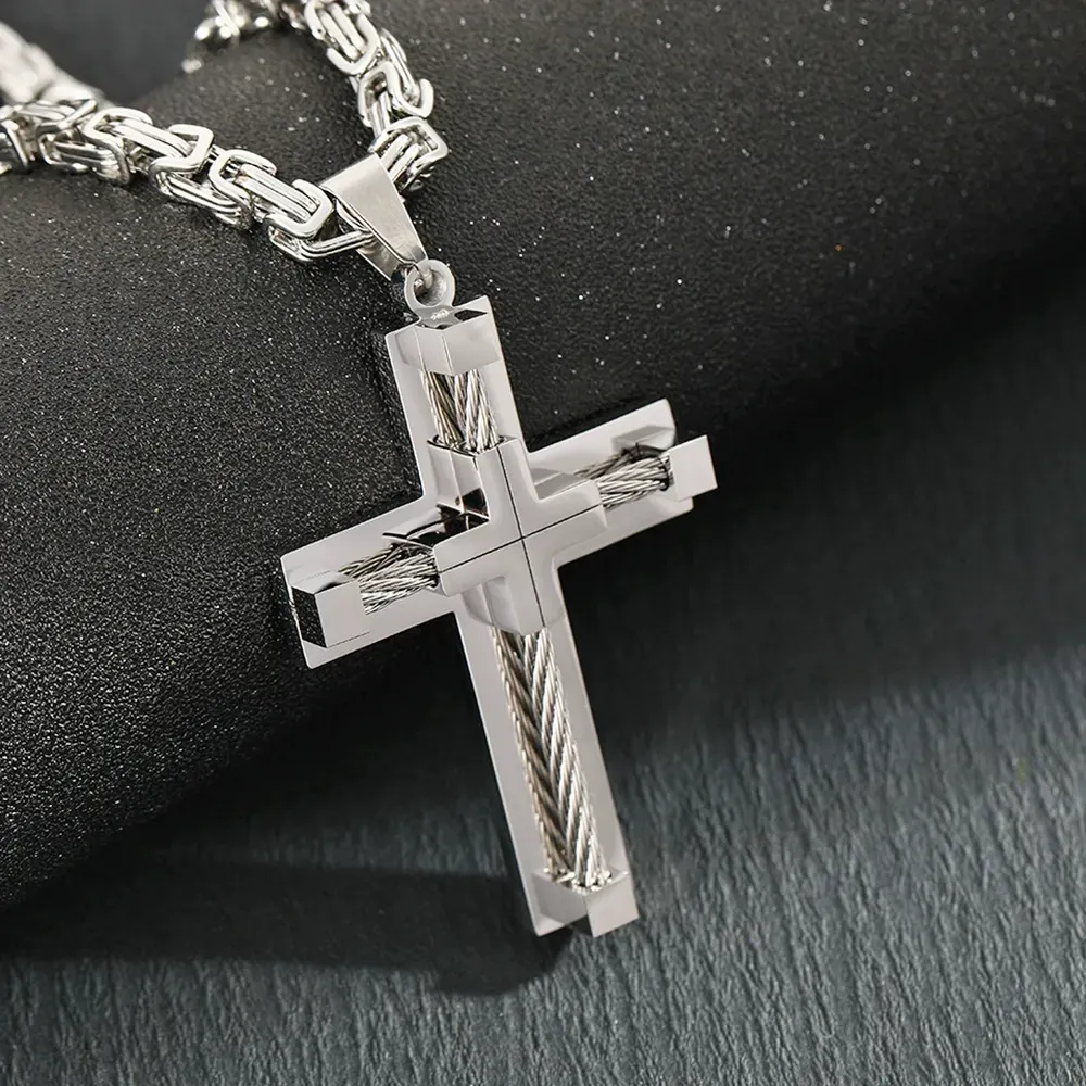 Stainless Steel Large Cross Chain Byzantine Necklace for Men 24 Inch Adjustable Length Daily Jewelry Gifts Silver Cross Pendant