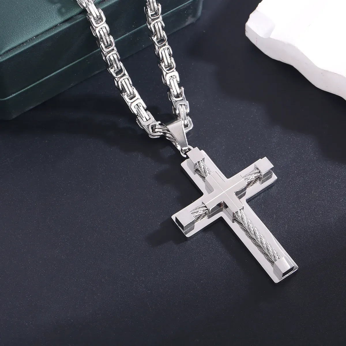 Stainless Steel Large Cross Chain Byzantine Necklace for Men 24 Inch Adjustable Length Daily Jewelry Gifts Silver Cross Pendant
