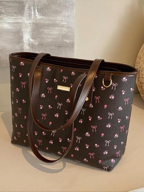Women's Elegant Ditsy Floral Bow Pattern 25 fall&winter PU Leather Tote Bag, Large Capacity Shoulder Bag for Daily Used, Casual Trendy Versatile High-quality Daily Commuting Bag