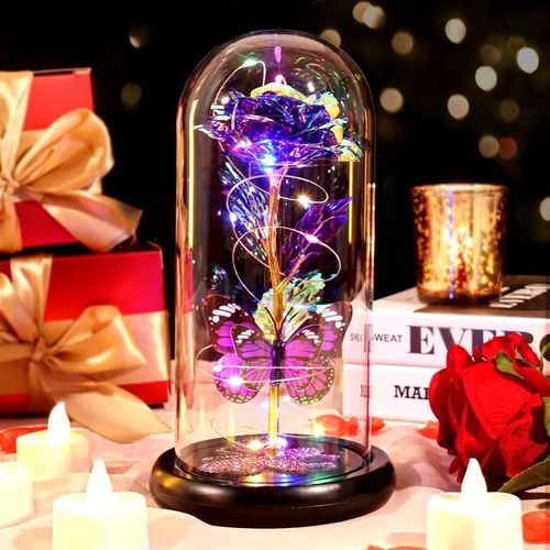 Eternal Rose Flower Led Light Up Rose in Glass Dome with Butterfly for Mom Girlfriend Boyfriend Daughter Women Teen Girl