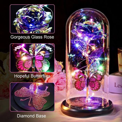 Eternal Rose Flower Led Light Up Rose in Glass Dome with Butterfly for Mom Girlfriend Boyfriend Daughter Women Teen Girl