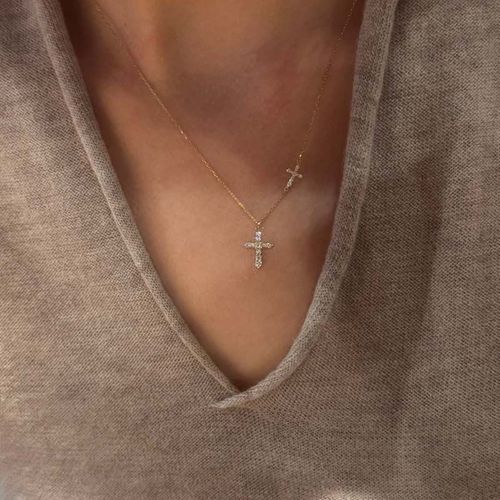 Women's Vintage Double Cross Necklace - Pave Diamond Dainty Collarbone Chain, Luxury Niche Design Pendant, Ideal Birthday Gift for Her