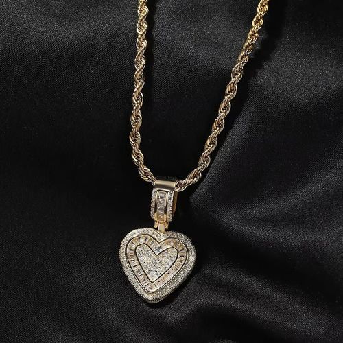 Hip Hop Heart Necklace for Women, Cubic Diamond Heart Pendant Necklace with 14K Gold Plated Heart Charm Chains Birthday Gifts for Women