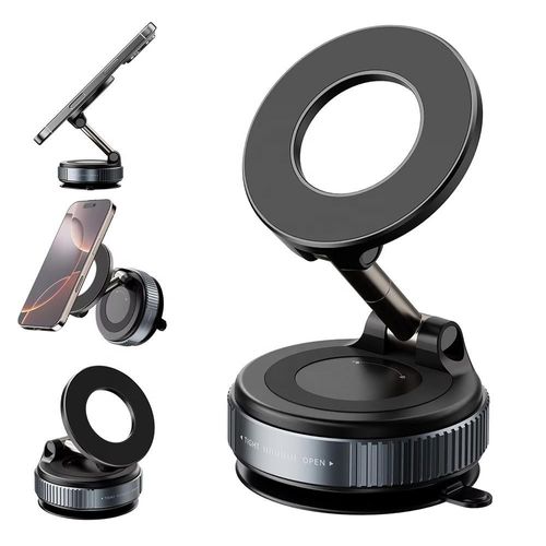 Universal Magnetic Car Phone Holder - Strong Vacuum Suction Cup Mount for All Smartphones & Vehicles | Foldable Design Works on Dashboard, Gym & Bathroom Mirrors