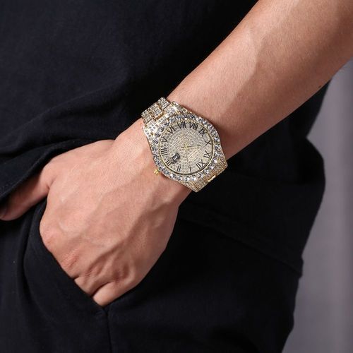 Men's Rhinestone Diamond Watch: Luxury Roman Numeral Quartz Analog Watches for Men Waterproof Date Wrist Watch Business Casual Dress Watch Iced Out Watch