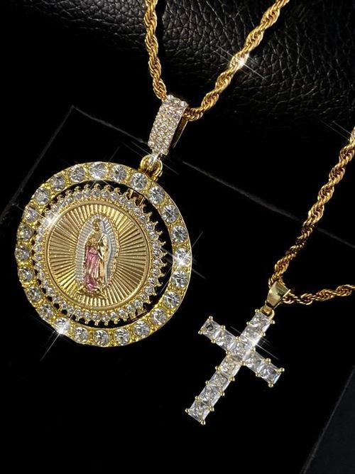 Virgin Mary Pendant Rope Chain & Cross Pendant Necklace, Rhinestone Decor Layered Necklace, Fashion Jewelry Accessories for Women & Men, Cross Necklaces