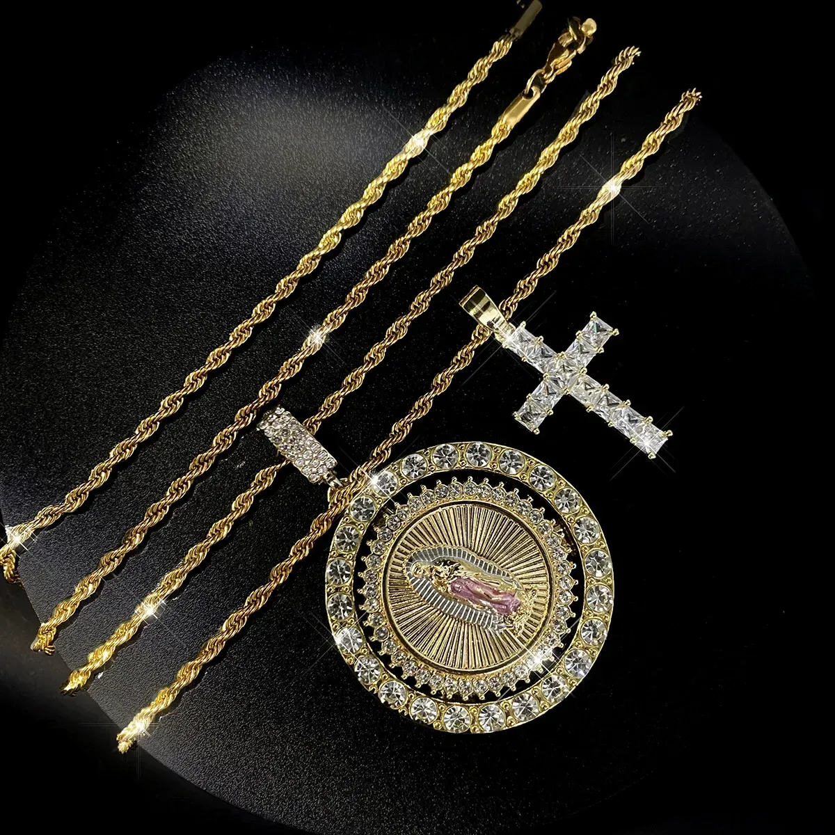 Virgin Mary Pendant Rope Chain & Cross Pendant Necklace, Rhinestone Decor Layered Necklace, Fashion Jewelry Accessories for Women & Men, Cross Necklaces
