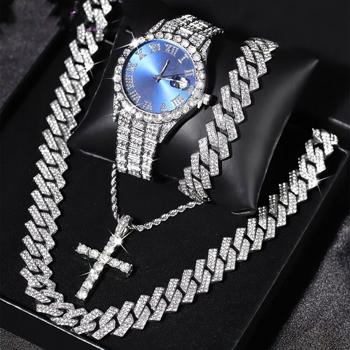 Men's Punk Style Rhinestone Decor Watch & Bracelet & Adjustable Cross Charm Necklace & Cuban Necklace, Exquisite Trendy Fashion Watch Set As Gift 4-piece set (box not included)