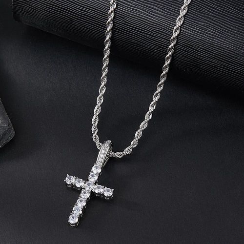 Men's Punk Style Rhinestone Decor Watch & Bracelet & Adjustable Cross Charm Necklace & Cuban Necklace, Exquisite Trendy Fashion Watch Set As Gift 4-piece set (box not included)