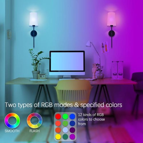 Battery Operated Wall Sconce Set of 1 with Remote Control,White Fabric Shade Wall Lights with Dimmable 15 RGB Rechargeable LED Light Bulb for Bedroom Living Room Hallway