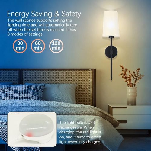 Battery Operated Wall Sconce Set of 1 with Remote Control,White Fabric Shade Wall Lights with Dimmable 15 RGB Rechargeable LED Light Bulb for Bedroom Living Room Hallway