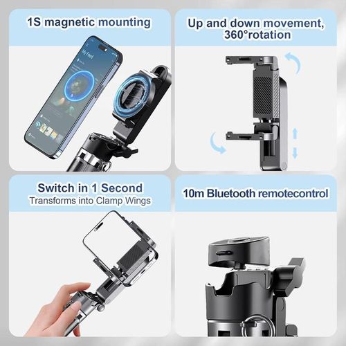 2026 New magnetic & clamp 2-in-1 mini selfie stick with 360° Rotation Portable Anti-shake Wireless Bluetooth control magnetic phone stand for selfie Video recording Vlog Compatible with most phones