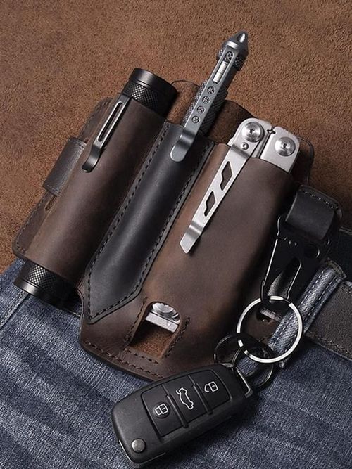 Men's Cowhide Solid Color Durable Belt Bag, EDC Tool Pouch, Multifunctional Storage Bag for Pen, Keychain, Flashlight, Tactical Pack