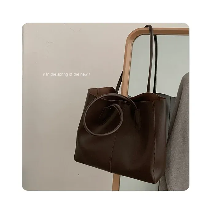 Women's Fashionable Solid Color Soft PU Leather Tote Bag, Large Capacity Shoulder Tote Bag For Daily, School & Commuting Used, Leather Tote Purses