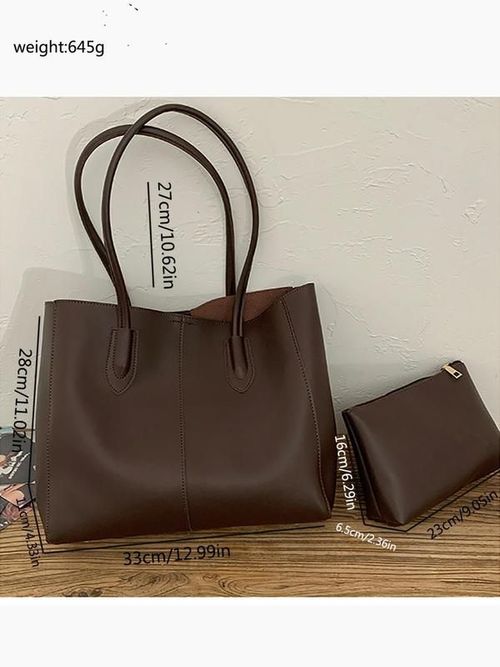 Women's Fashionable Solid Color Soft PU Leather Tote Bag, Large Capacity Shoulder Tote Bag For Daily, School & Commuting Used, Leather Tote Purses
