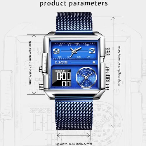 LIGE Men's Square Watch Multifunctional Dial 30M Water Resistant Luminous Outdoor Watch Ideal for Father's Day Gift