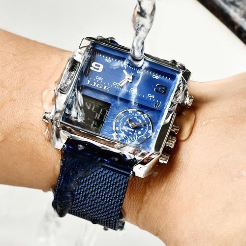 LIGE Men's Square Watch Multifunctional Dial 30M Water Resistant Luminous Outdoor Watch Ideal for Father's Day Gift