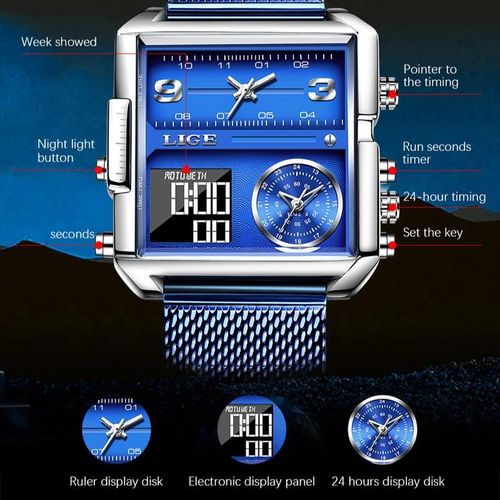 LIGE Men's Square Watch Multifunctional Dial 30M Water Resistant Luminous Outdoor Watch Ideal for Father's Day Gift