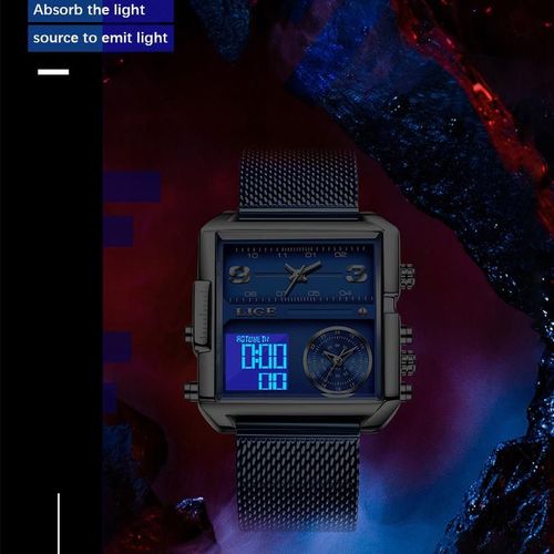 LIGE Men's Square Watch Multifunctional Dial 30M Water Resistant Luminous Outdoor Watch Ideal for Father's Day Gift