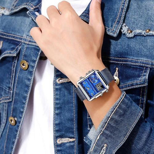 LIGE Men's Square Watch Multifunctional Dial 30M Water Resistant Luminous Outdoor Watch Ideal for Father's Day Gift